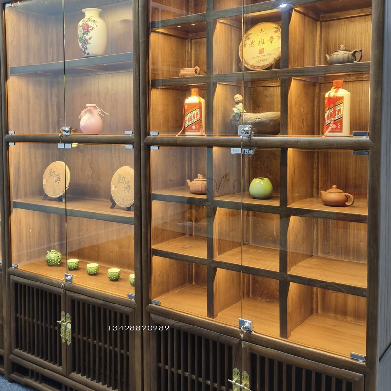榆木多宝阁玻璃带灯展柜茶叶展示柜现代茶饼收藏古董紫砂壶展示架