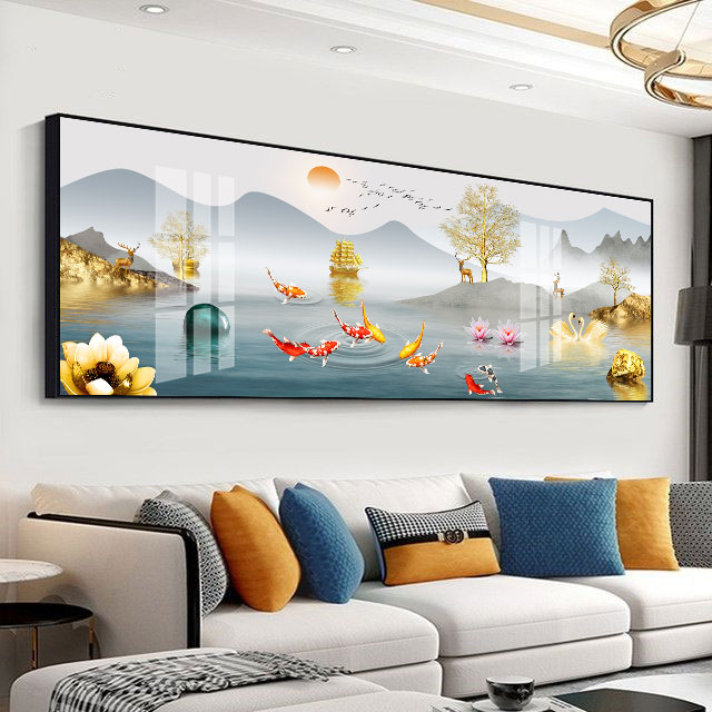九鱼山水风景客厅装饰画沙发背景墙大气挂画现代中式单幅横版壁画