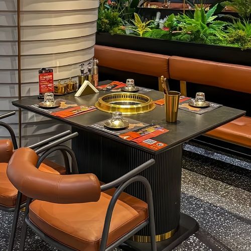 定制火锅桌电磁炉一体无烟烤涮串串香饭店酒店岩板大理石桌椅组合