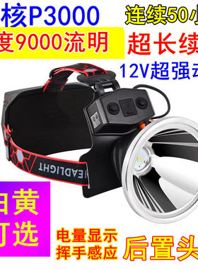 12V后置头灯九核P4000头顶超长续航强光充电超亮钓鱼灯白黄光矿灯