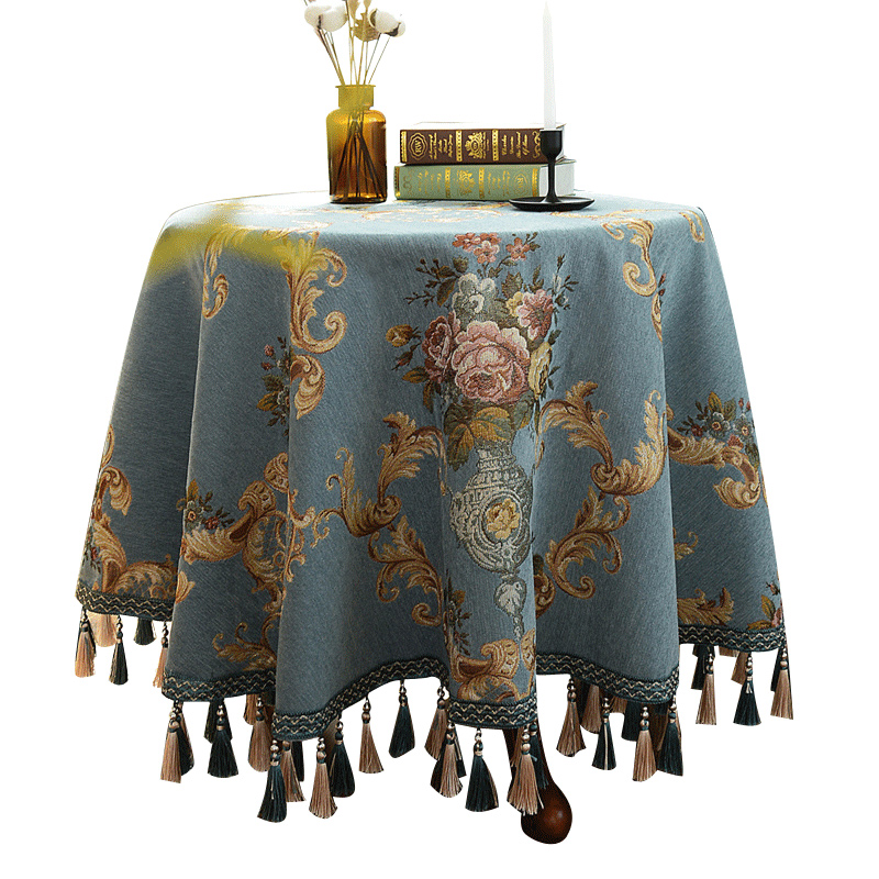 小圆桌桌布布艺欧式圆形家用客厅圆茶几台布盖巾天蓝色餐桌布垫子