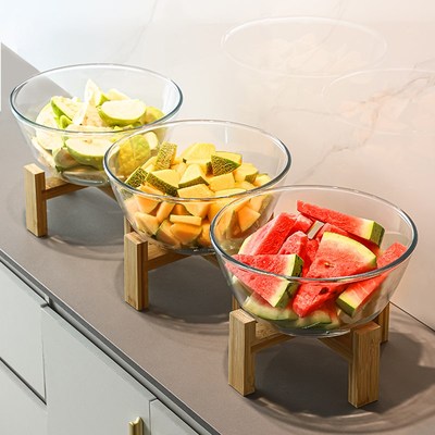 超大号玻璃盆水果碗竹木架高脚蔬菜沙拉自助餐凉菜展示盘商用器皿