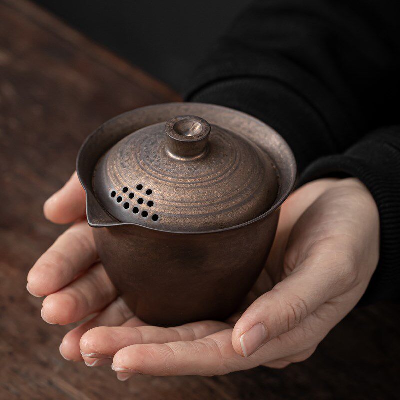 手作陶瓷铁锈釉复古铜色三才盖碗茶壶公道杯茶海茶杯茶具整套装