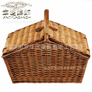 【幸运编织】柳藤篮子 柳编4人份带盖山形野餐提篮 保温收纳篮