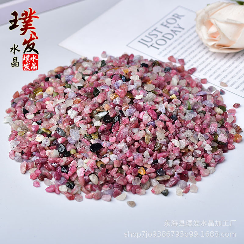天然粉碧玺梅花水晶碎石摆件