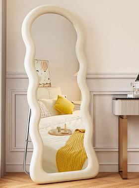 式奶油风穿室衣镜卧异形大镜身子法波59222浪全落地镜绒布单双层