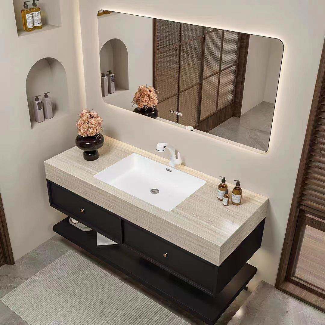 中古风岩板一体无缝卫生间洗漱台洗脸盆组合浴室柜