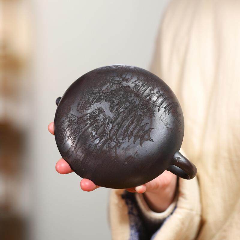 宜兴原矿铁血TXB红紫砂壶云炉砂茶壶部精底楼细刻绘宇家用茶具