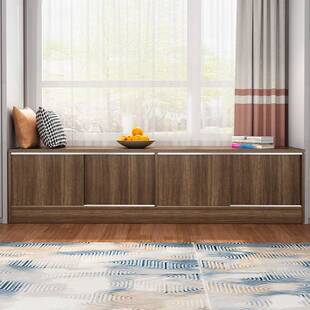 8V实木阳台储物柜防晒飘窗柜地柜矮柜推拉门柜子可坐收纳置物柜定