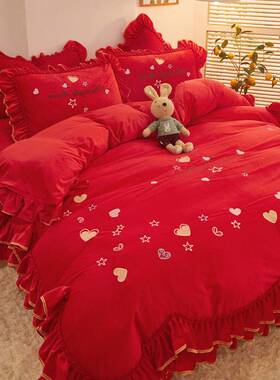 5YA1大红色床裙四件套珊瑚绒冬季结婚婚礼婚嫁床上用品婚庆新婚公