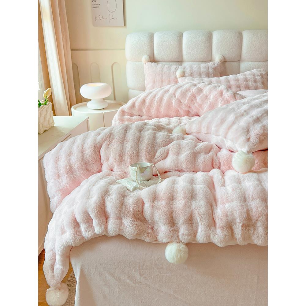 in公s粉色兔兔绒四件套主IBR风单双绒被面套珊瑚绒少女牛奶绒床冬