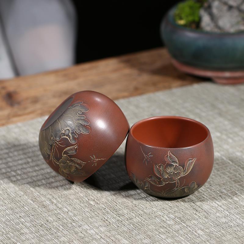 广西钦茶州坭兴陶水茶杯功夫茶具手工雕刻荷花主人杯MRY紫砂道建