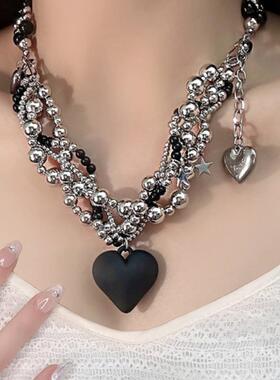 金颈属串珠葡萄圆球重工黑爱心高项链女小众复古ZTA条级感锁骨链