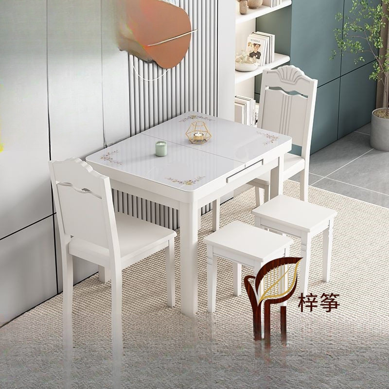 奶油风小户型可拉伸可伸缩式餐桌椅家用餐实木带电磁炉桌折叠桌