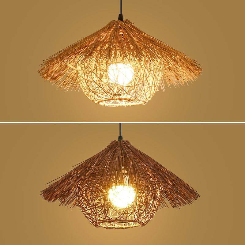 创个性灯草艺帽灯复古藤编吊灯怀旧意504术灯罩仿古灯民宿饭店竹