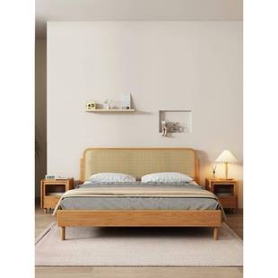 原木奶风格的5藤条实木卧主室双人床1油1.8米橡胶木高脚2025PVP新