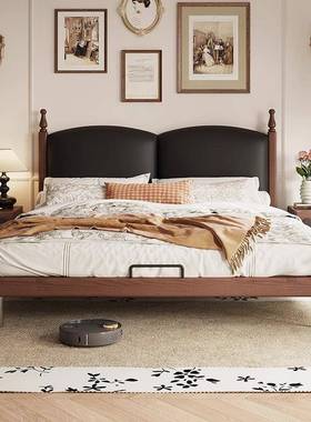 YH-69099中法古风黑色油皮床1.米双人床主卧式复古8软包实蜡木床