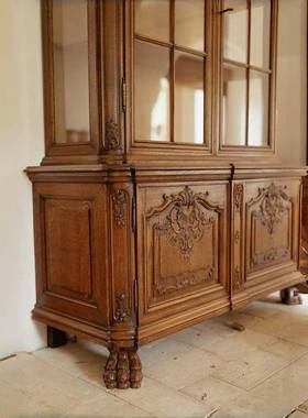 欧式古实木雕法刻做酒柜985展示柜式古典雕花原木色复旧中古书柜