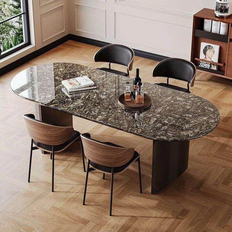 铂金钻天然奢石意式极简大理石餐桌椅组合轻奢客厅家用椭圆形饭桌