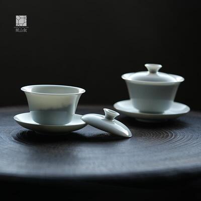 赋山堂青白陶瓷盖碗手工制作马蹄盖碗大号适用岩茶 悬停不烫手设