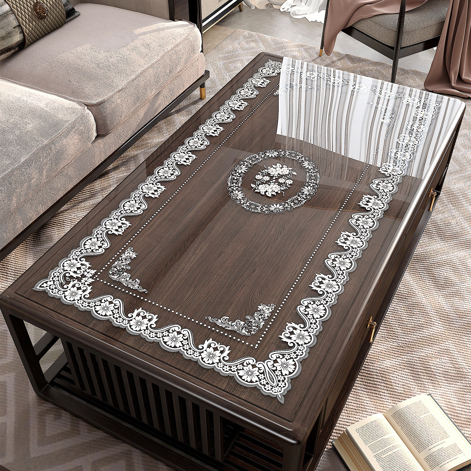 pvc软玻璃桌垫防油防水免洗餐桌布法式蕾丝透明印花长方形茶几垫,居家布艺,桌布,淘宝优惠券,粉丝福利购,淘宝优惠卷