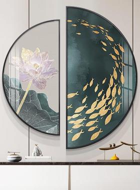 餐GWM厅面装饰新中式荷花客厅墙挂画画过走廊道半圆壁画大气玄关