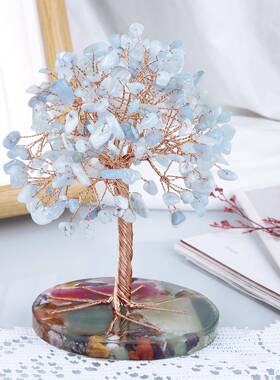 彩色玛晶瑙片形脂底座水晶树摆件水碎树石圆叶子树创GDV00934意工