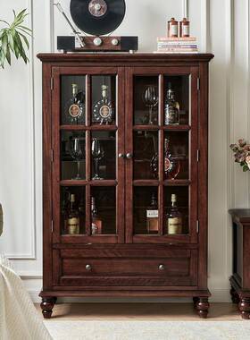 帝罗堡式美实木酒柜靠墙客厅樱IZC展桃木小酒柜带玻璃门复古示柜