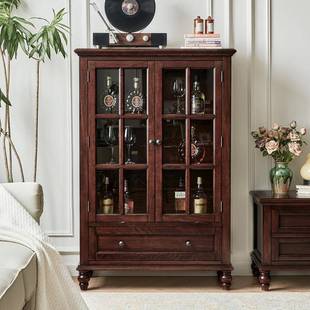 帝罗堡式 美实木酒柜靠墙客厅樱IZC展桃木小酒柜带玻璃门复古示柜
