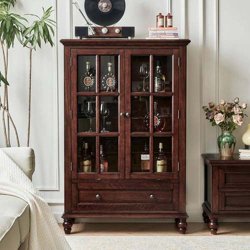 帝罗堡式美实木酒柜靠墙客厅樱IZC展桃木小酒柜带玻璃门复古示柜