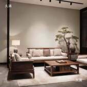 新中式 北美黑胡桃木沙发组合办公室宋氏美学禅意别墅客厅布艺沙发