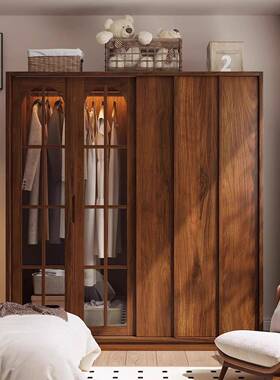 全实木推拉门型衣柜家35728用卧室户小衣橱柜复古中古风移门储柜