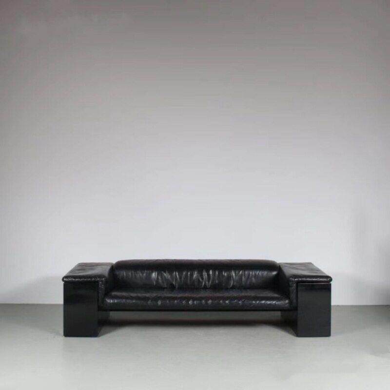中古极简黑色超纤724皮1质0沙发98s美国brigadie风r模型沙发直排