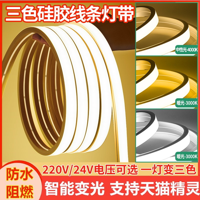三色led矽胶灯带24v变光户外防水悬吊式天花板嵌入式220v线条柔性,家装灯饰光源,室内LED灯带,淘宝优惠券,粉丝福利购,淘宝优惠卷