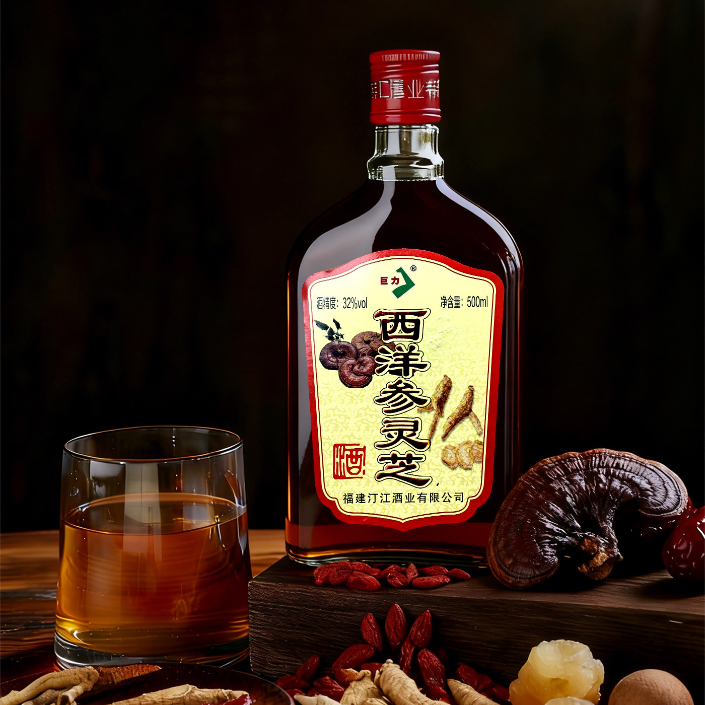 福建巨力西洋参灵芝酒500ml瓶装多种草本露酒正品32度药食同源