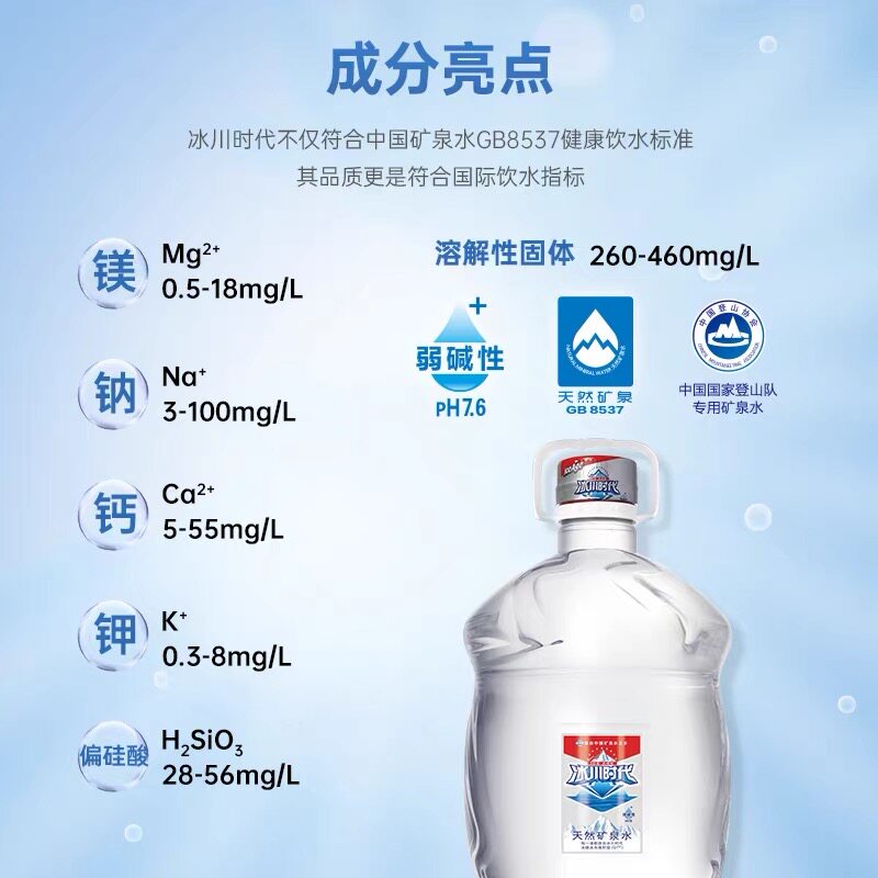 蓝剑冰川时代天然矿泉水弱碱性5L桶装家庭办公饮用大桶水商务用水