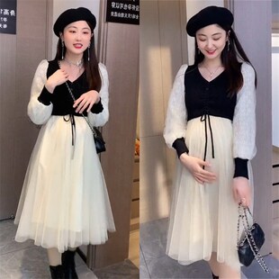 孕妇秋冬中长款连衣裙蕾丝长袖撞色网纱宽松裙摆2023新款时尚百搭