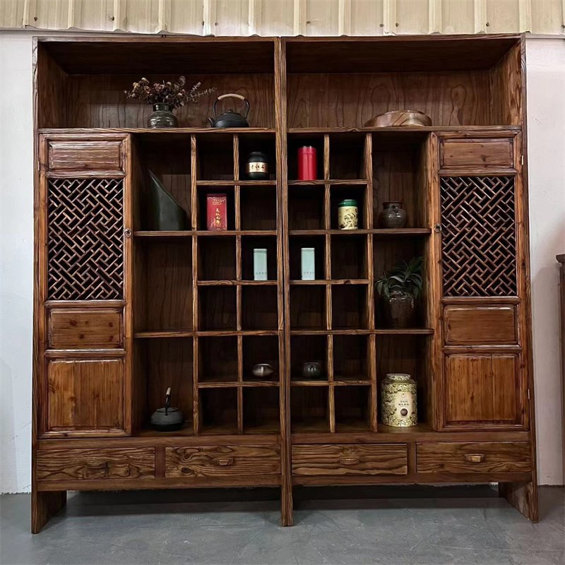 实木博古架中古茶柜侘寂风展示柜家用陈列柜民宿酒店多功能置物架