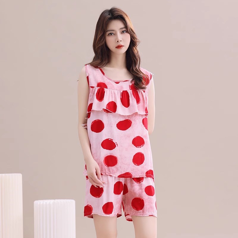 夏季新款防凸点纯棉绸女士睡衣夏薄款绵绸妈妈套装背心短裤两件套