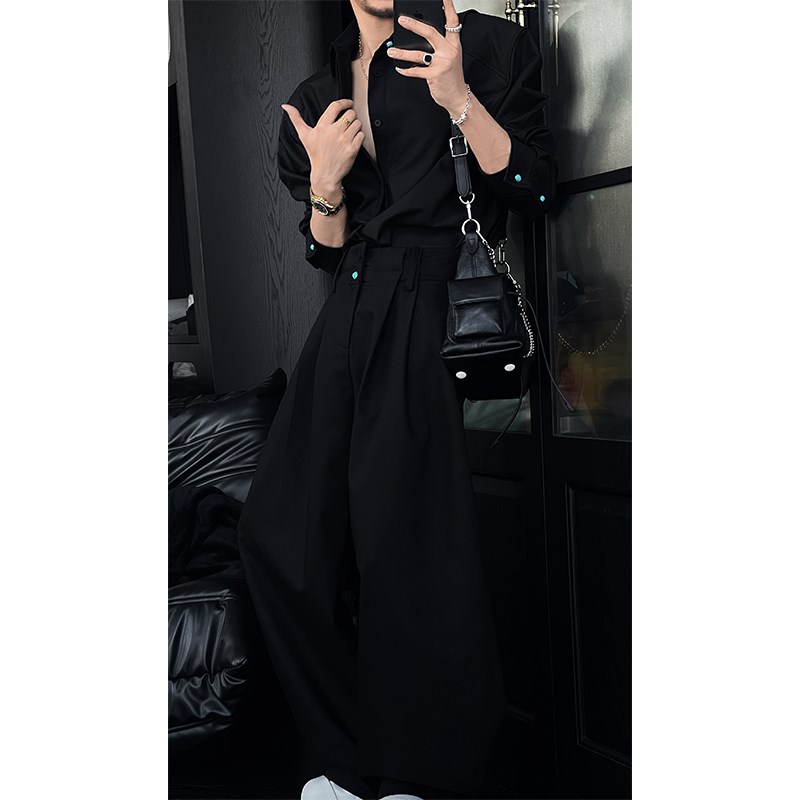 龙叨叨2025春季新品设计款高级感简约衬衫套装休闲百搭衬衣长裤男