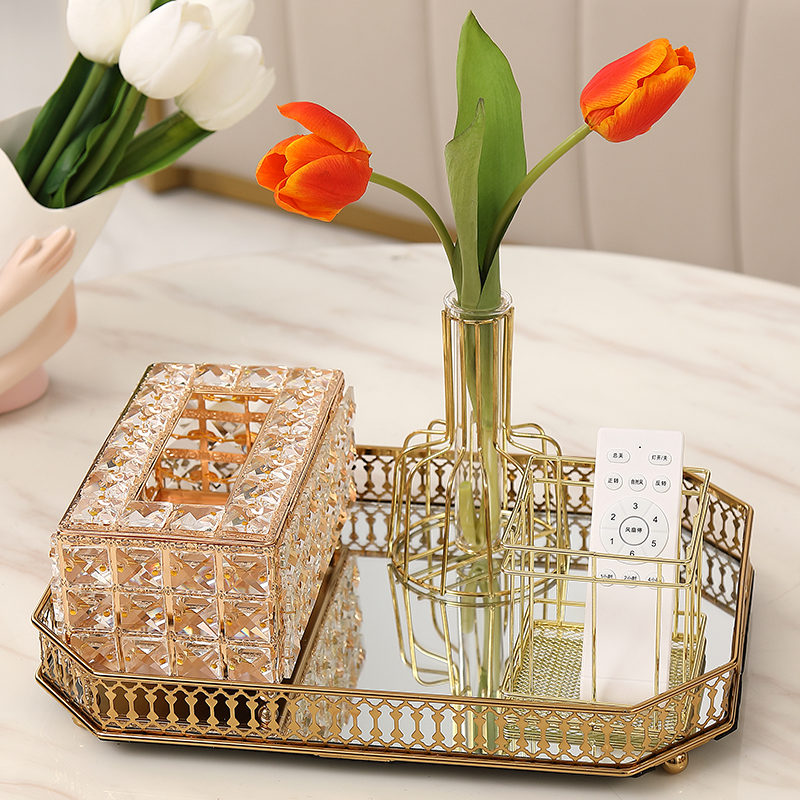 北欧轻奢风格金色金属椭圆收纳托盘水晶纸巾盒储物罐软装搭配套装