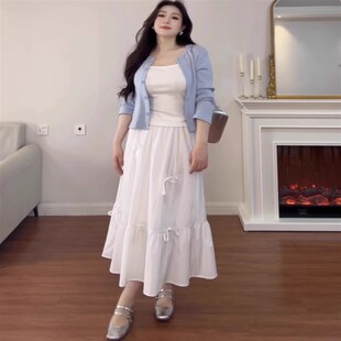 大码女装温柔穿搭女蓝色长袖开衫吊带蝴蝶结长裙修身显瘦三件套装