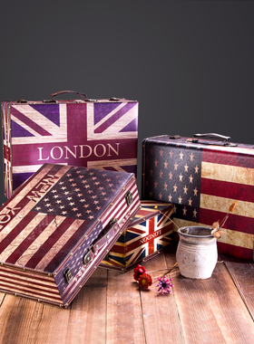 欧式复古手提箱木箱子道具箱子做旧箱仿古皮箱装饰品摆件橱窗陈列