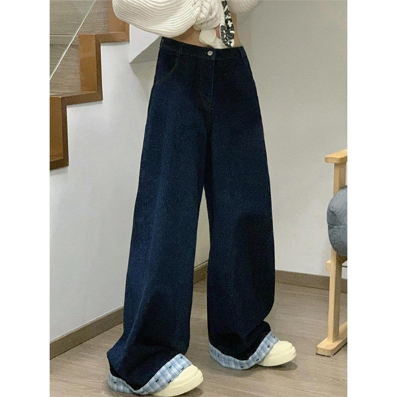 美式格子拼接牛仔裤女春季新款胖妹妹mm高腰宽松显瘦直筒阔腿长裤,女装/女士精品,大码裤装,淘宝优惠券,粉丝福利购,淘宝优惠卷