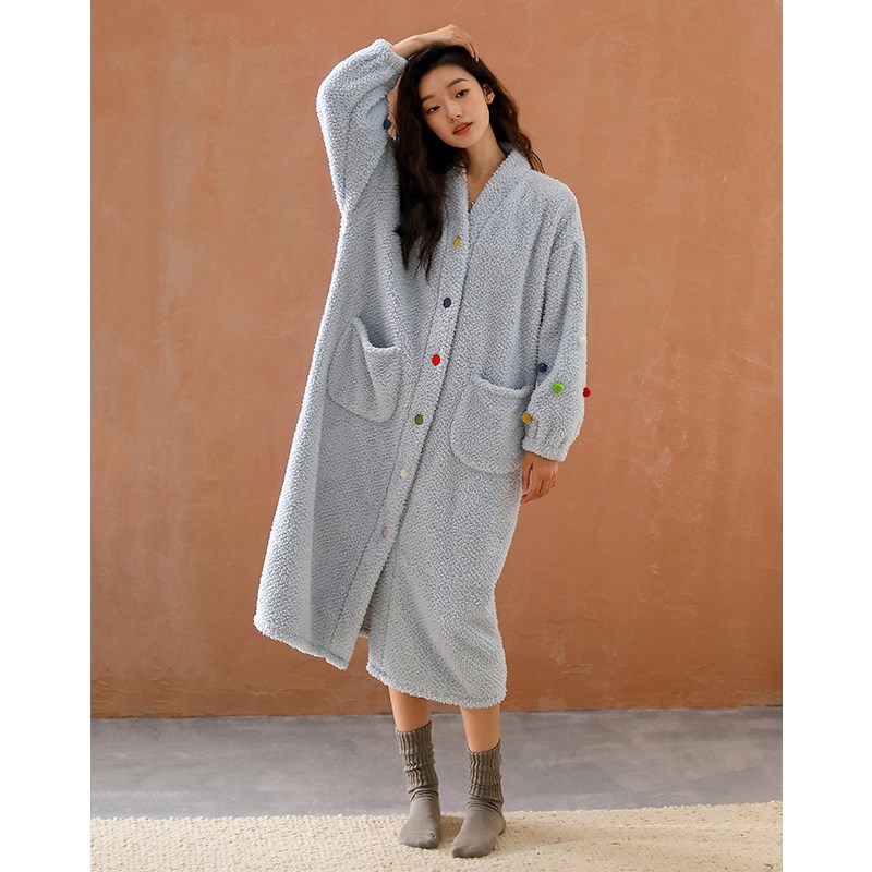 女士睡袍秋冬季2024新款珊瑚绒甜美开衫少女长袍毛绒睡衣冬天浴袍