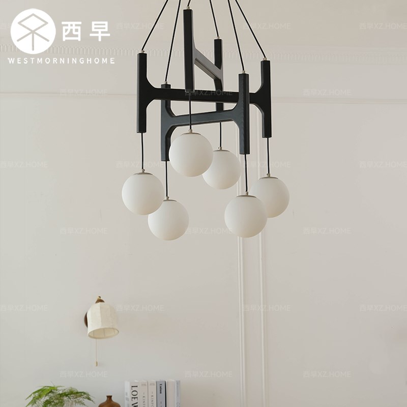 法式复古中古loft复式客厅吊灯侘寂风餐厅魔豆实木分子灯楼梯灯