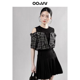 oo&vv设计感假两件格子短袖衬衫女2025夏季新款女装露肩小众上衣