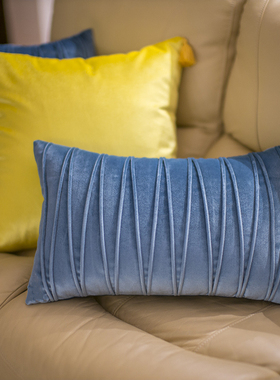 抱枕沙发客厅蓝色靠枕北欧风格样板间靠包绒布长方形腰枕套不含芯
