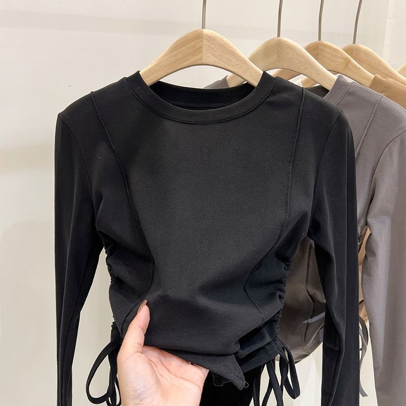 儿童德绒长袖t恤春秋季外穿女童抽绳显瘦修身紧身上衣打底衫内搭