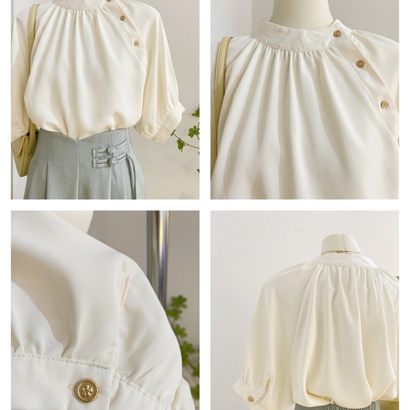 法式复古气质斜扣立领短袖衬衫女夏设计感宽松灯笼袖雪纺小衫上衣,女装/女士精品,衬衫,淘宝优惠券,粉丝福利购,淘宝优惠卷